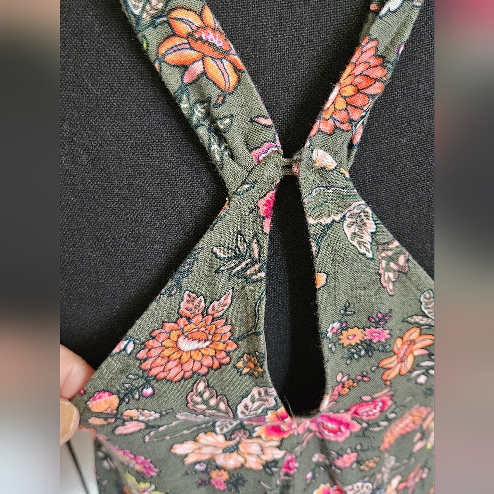 LOFT Olive Floral Halter Tank Top with Pink & Peach Flowers - Picture 3 of 12